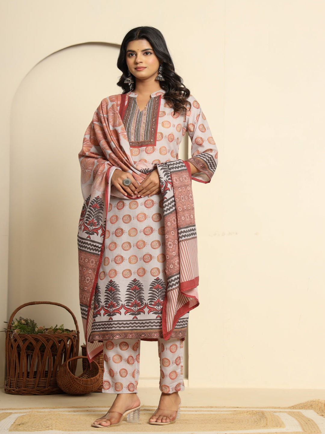 Women Printed Peach Regular Pure Cotton Kurta With Trousers & Dupatta