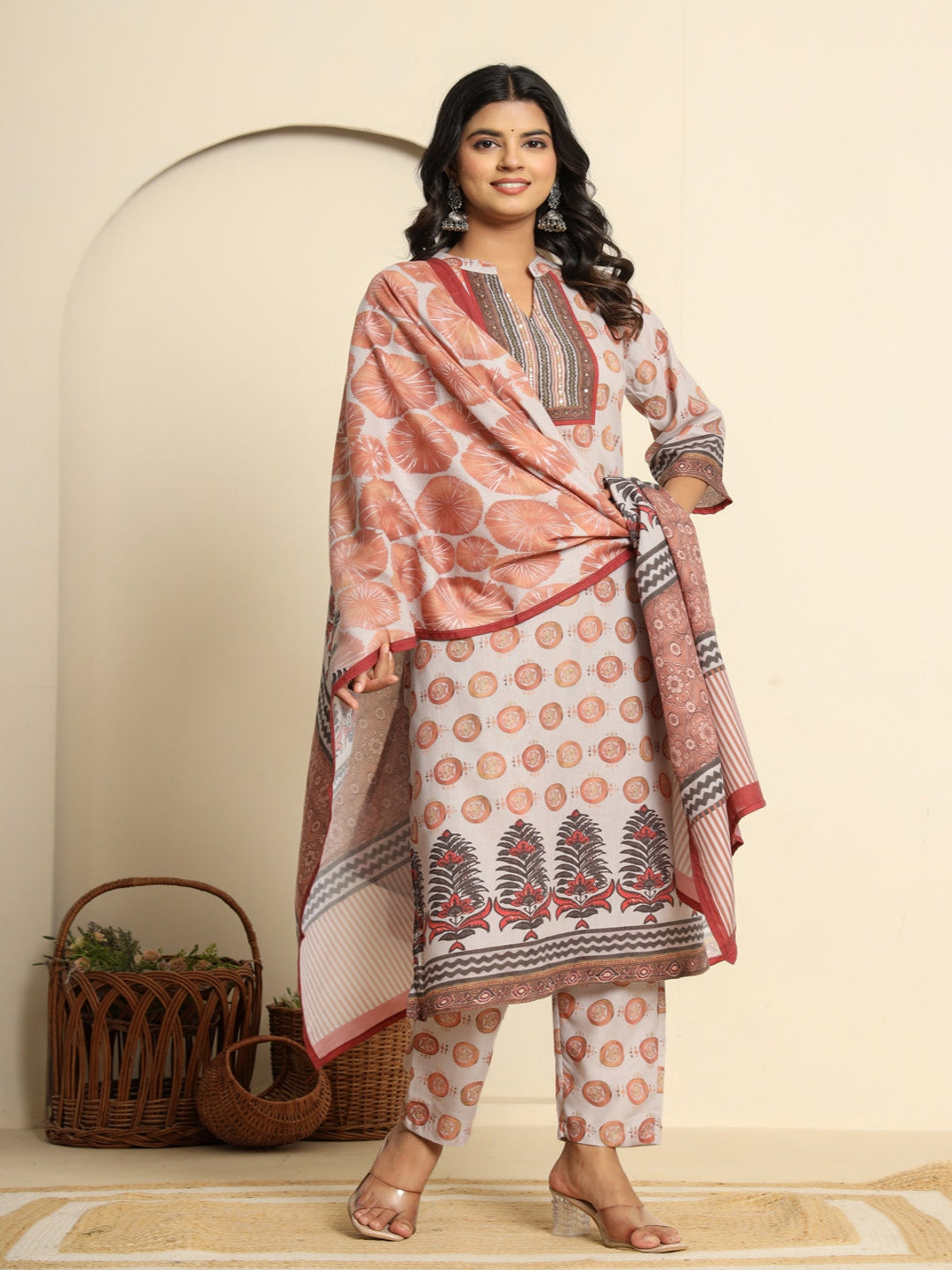 Women Printed Peach Regular Pure Cotton Kurta With Trousers & Dupatta