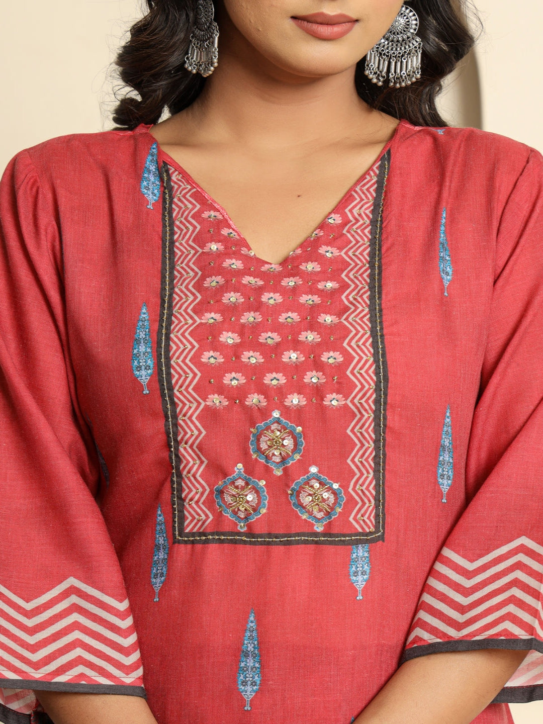 Women Printed Red Regular Pure Cotton Kurta With Trousers & Dupatta