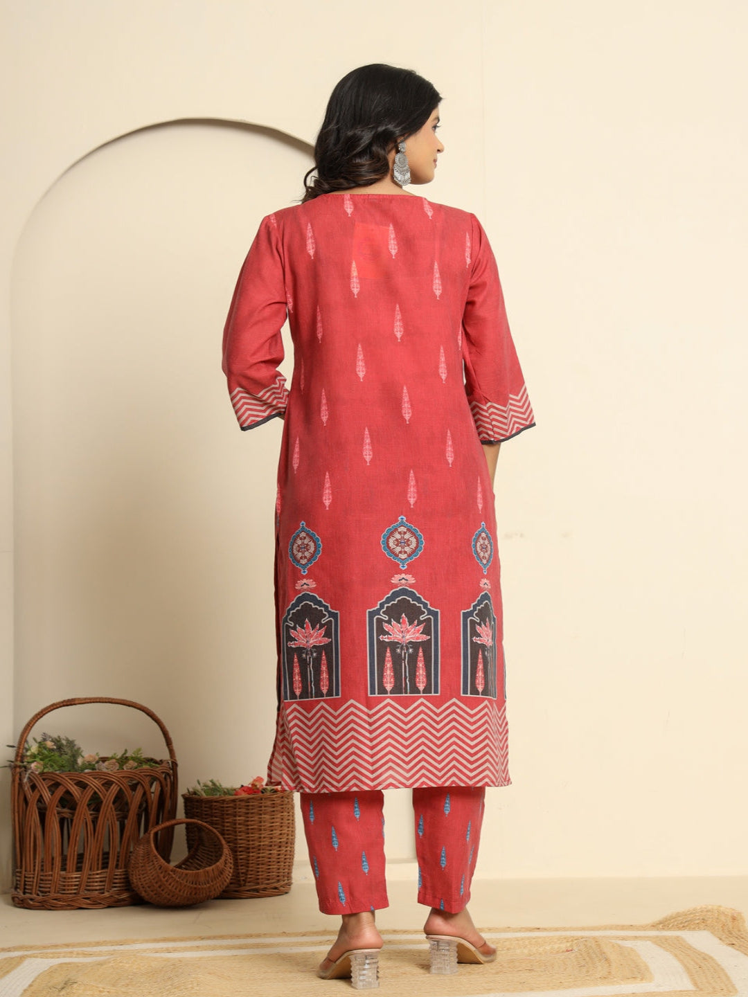 Women Printed Red Regular Pure Cotton Kurta With Trousers & Dupatta