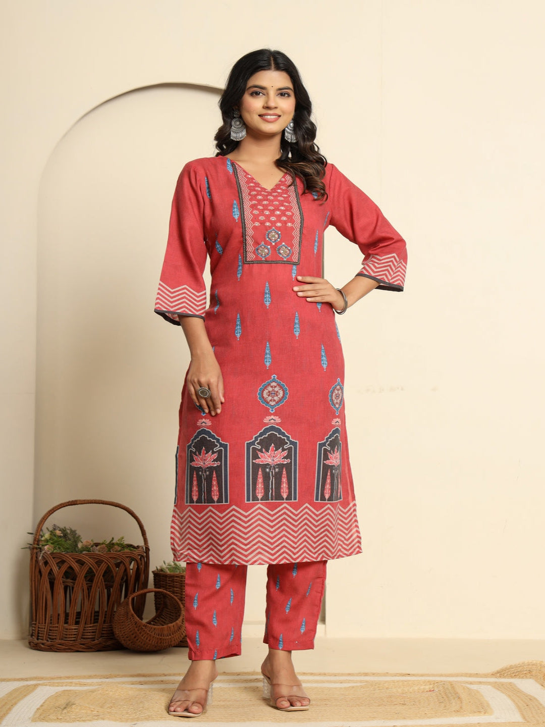 Women Printed Red Regular Pure Cotton Kurta With Trousers & Dupatta