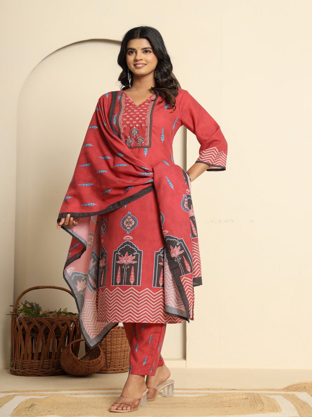 Women Printed Red Regular Pure Cotton Kurta With Trousers & Dupatta