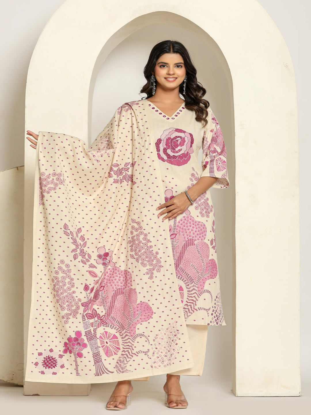 Women Printed Regular Pure Cotton Kurta With Trousers & Dupatta Solid Kurta, Pant & Dupatta Set | Flamboyant