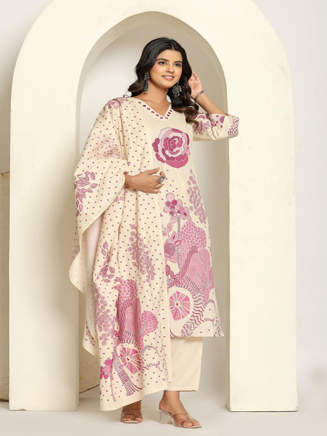 Women Printed Regular Pure Cotton Kurta With Trousers & Dupatta Solid Kurta