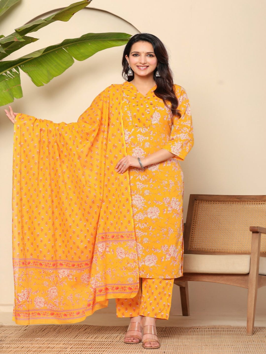 Flamboyant Yellow Floral Women Printed Regular Pure Cotton Kurta With Trousers & Dupatta 1st