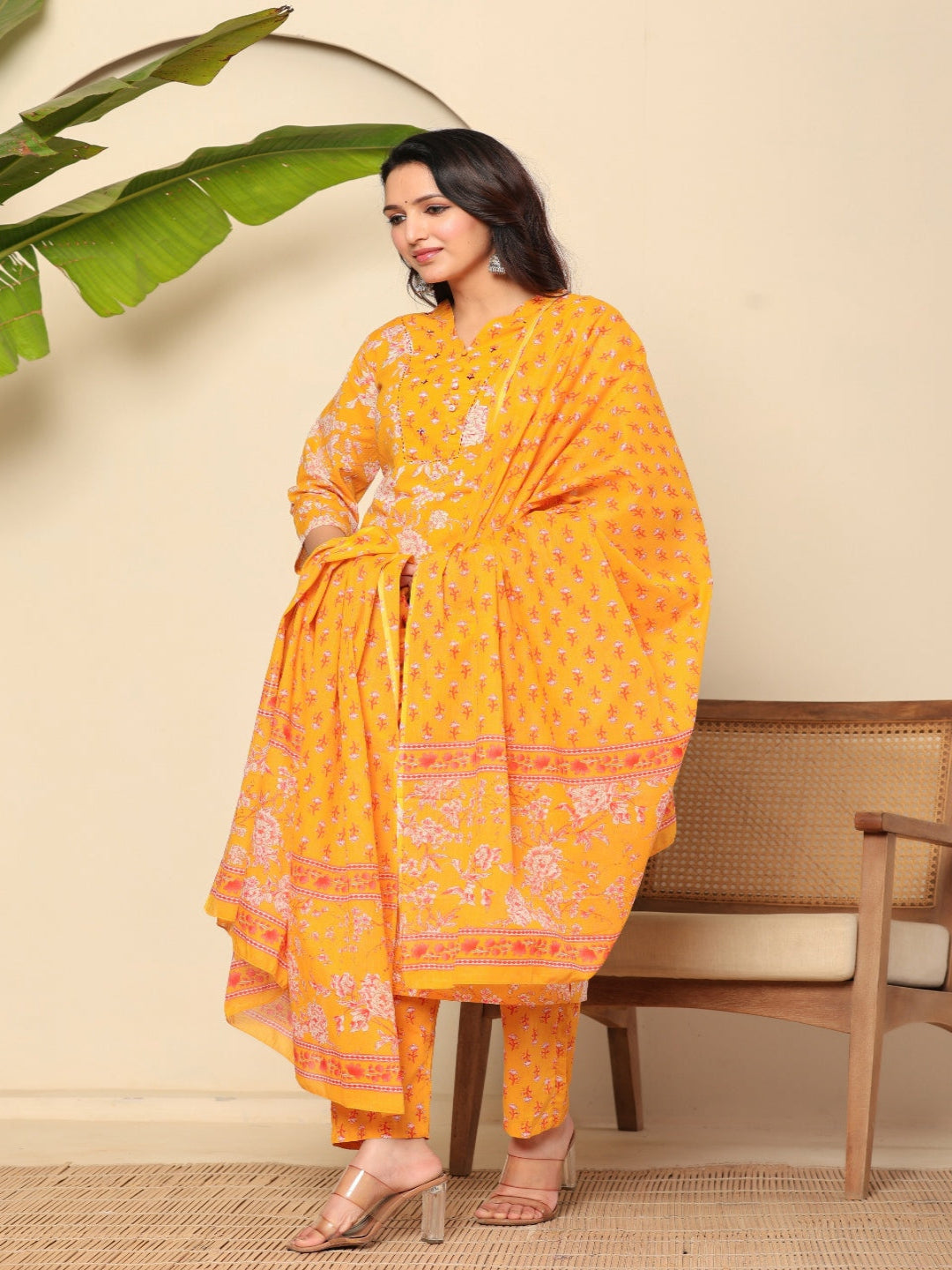 Flamboyant Yellow Floral Women Printed Regular Pure Cotton Kurta With Trousers & Dupatta 2nd