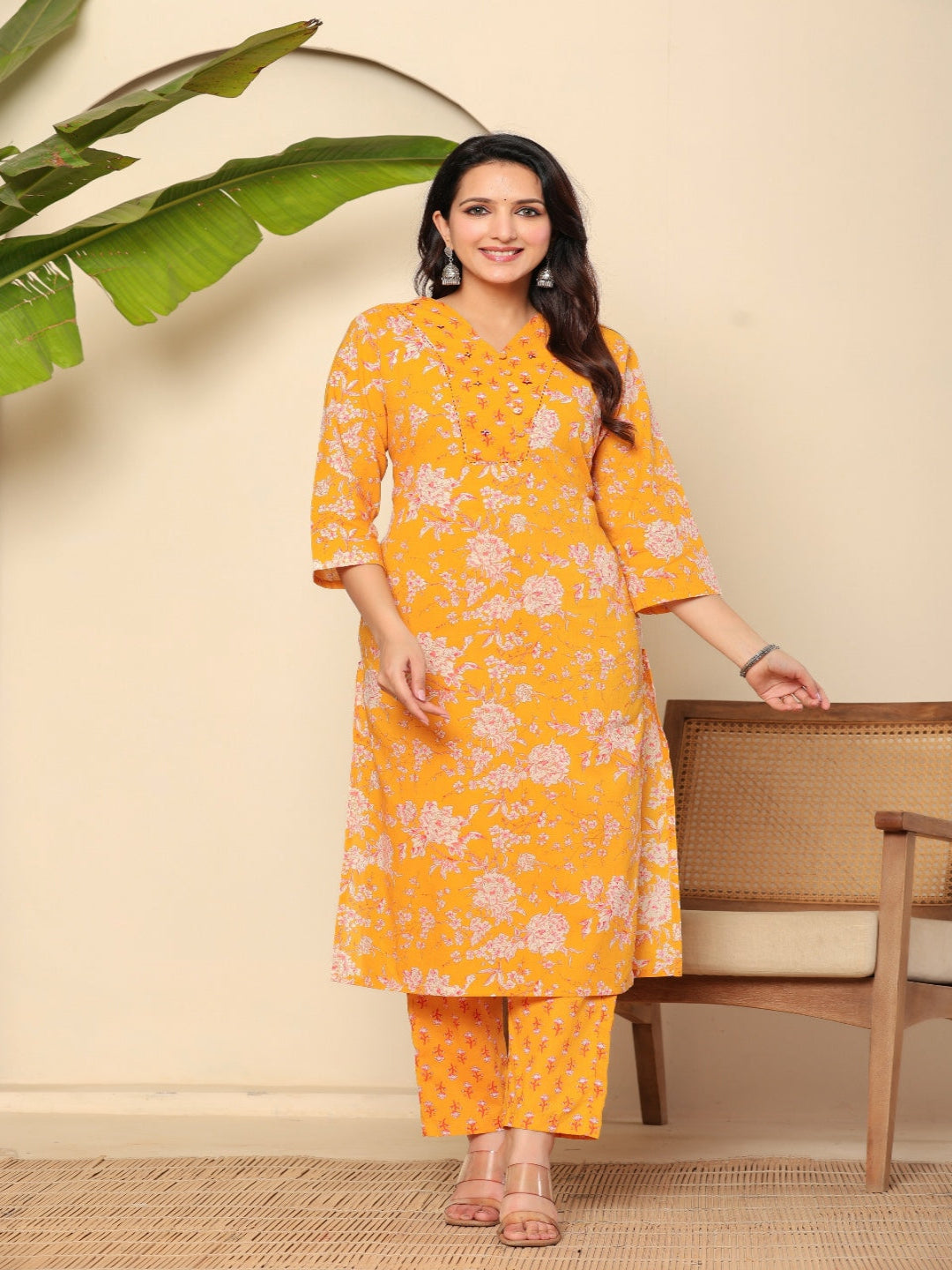 Flamboyant Yellow Floral Women Printed Regular Pure Cotton Kurta With Trousers & Dupatta 5th