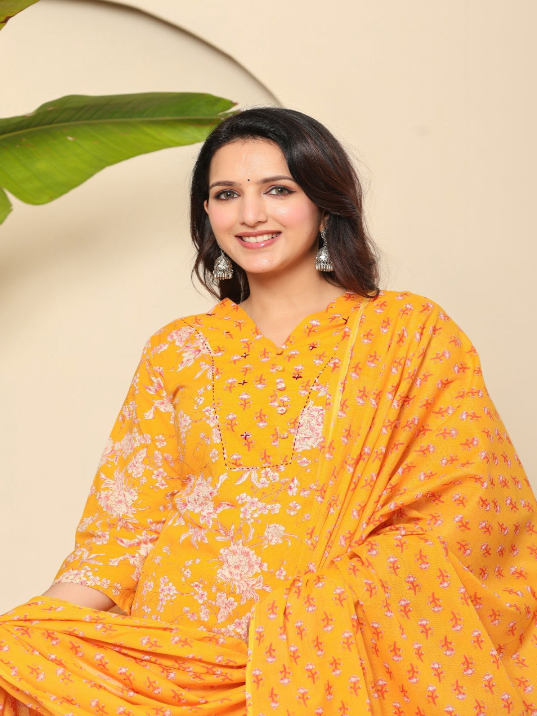 Flamboyant Yellow Floral Women Printed Regular Pure Cotton Kurta With Trousers & Dupatta 6th