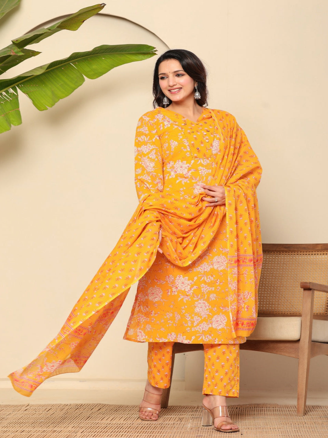 Flamboyant Yellow Floral Women Printed Regular Pure Cotton Kurta With Trousers & Dupatta 7th
