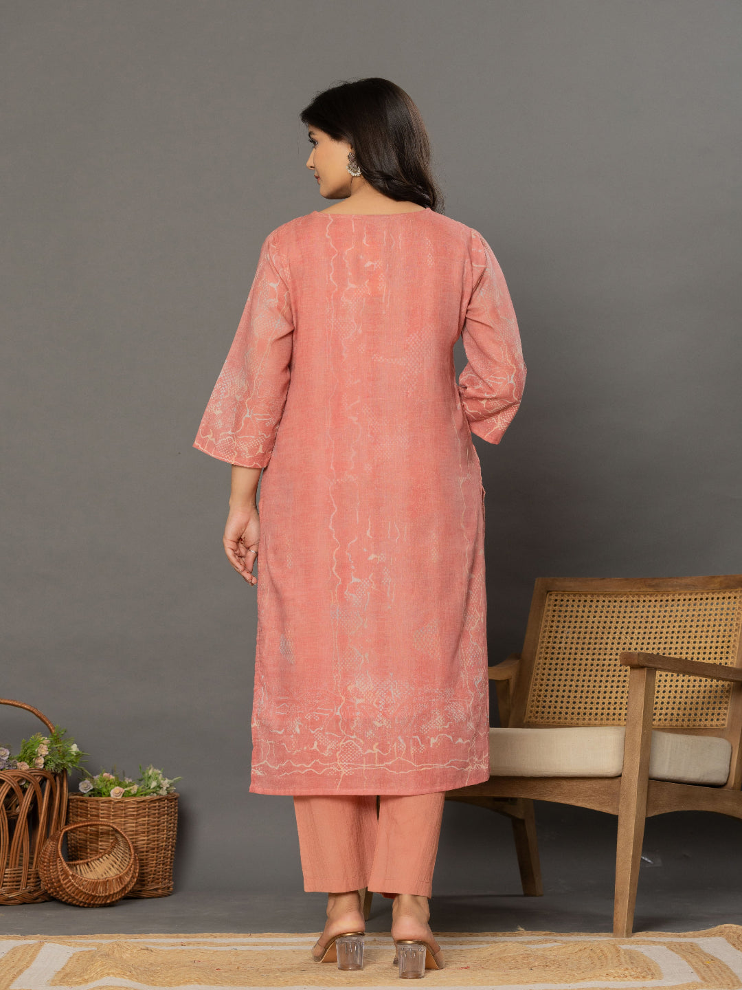 Peach Schiffli Straight Kurta with Embroidered V-Neck and Pant with Dupatta back without dupatta