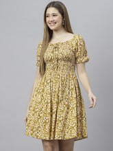 Load image into Gallery viewer, FLAMBOYANT Women Mustard Yellow White Floral Square Neck Fit Flare Dress
