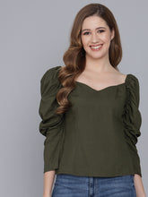 Load image into Gallery viewer, Flamboyant Rayon Casual Solid Women Top | Tops for Women Stylish Latest | Puff Sleeve Top( Dark GREE)

