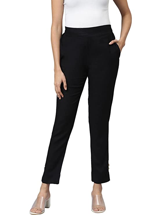 Women Solid Pattern Trouser (Black)
