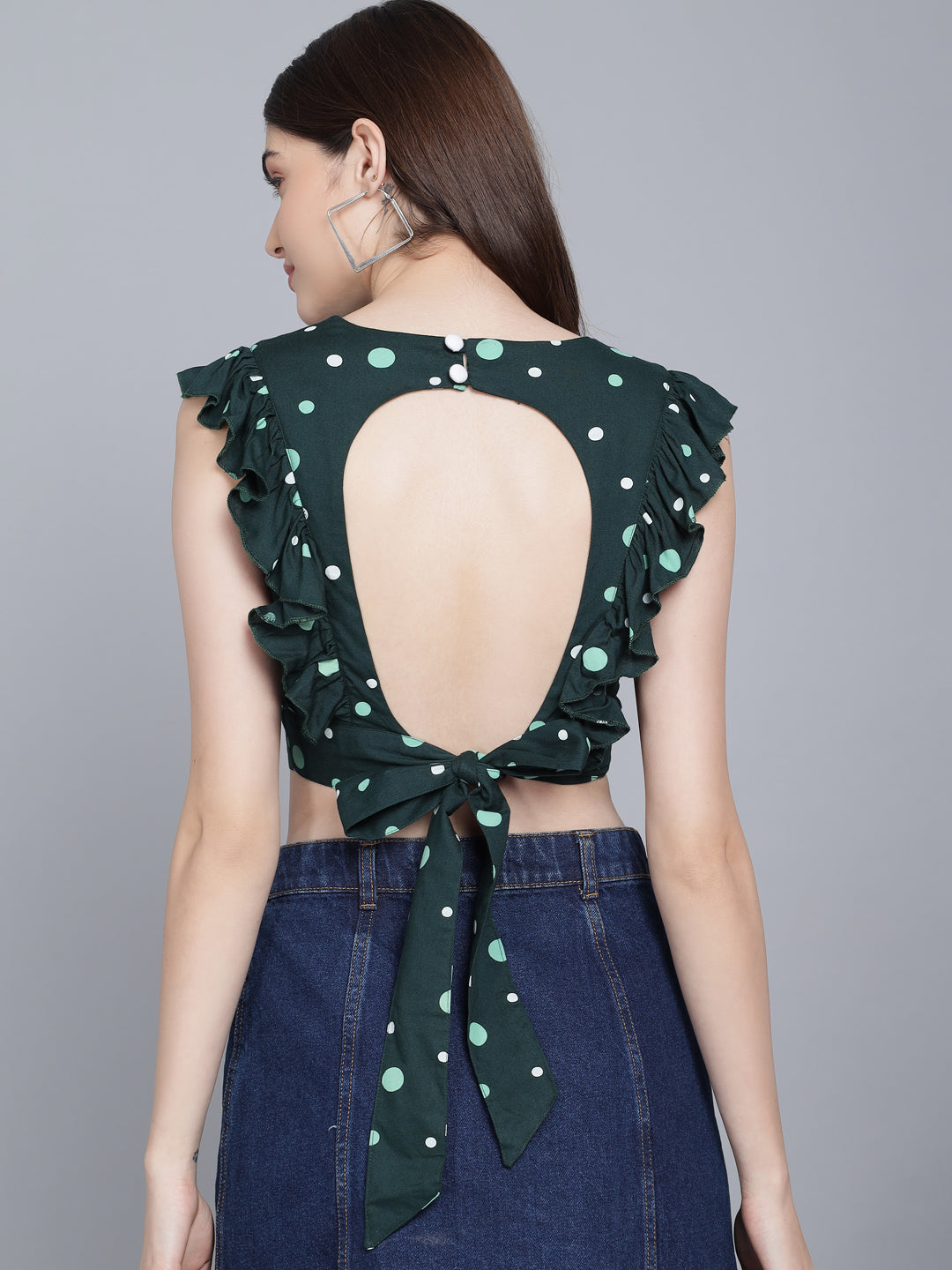Flamboyant Green Backless Polka Dot Crop Top For Women 4th
