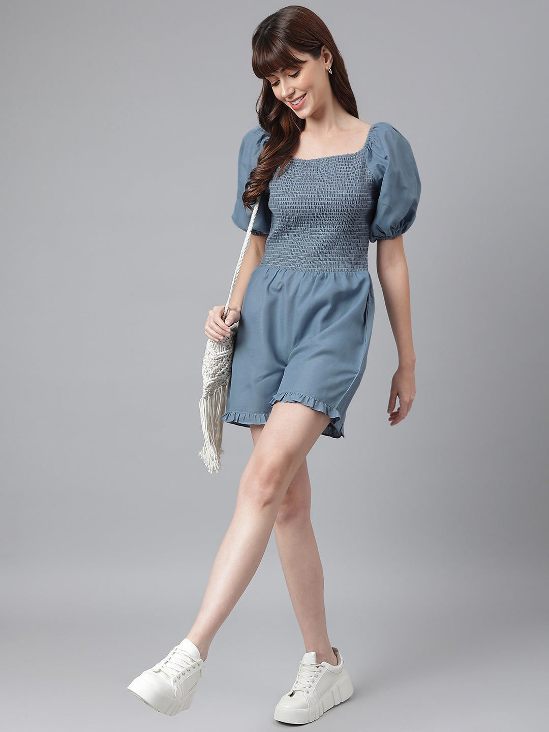 FLAMBOYANTTREND Blue Solid Romper By Flamboyant Jumpsuit