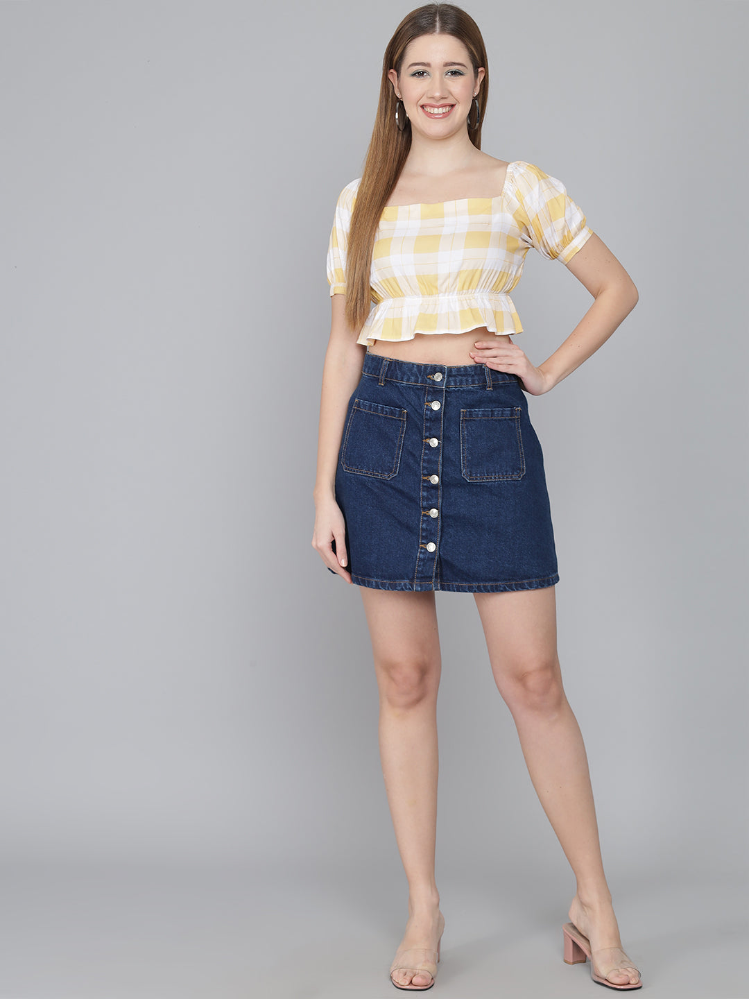 FLAMBOYANTTREND Yellow Checked Printed Top By Flamboyant Top