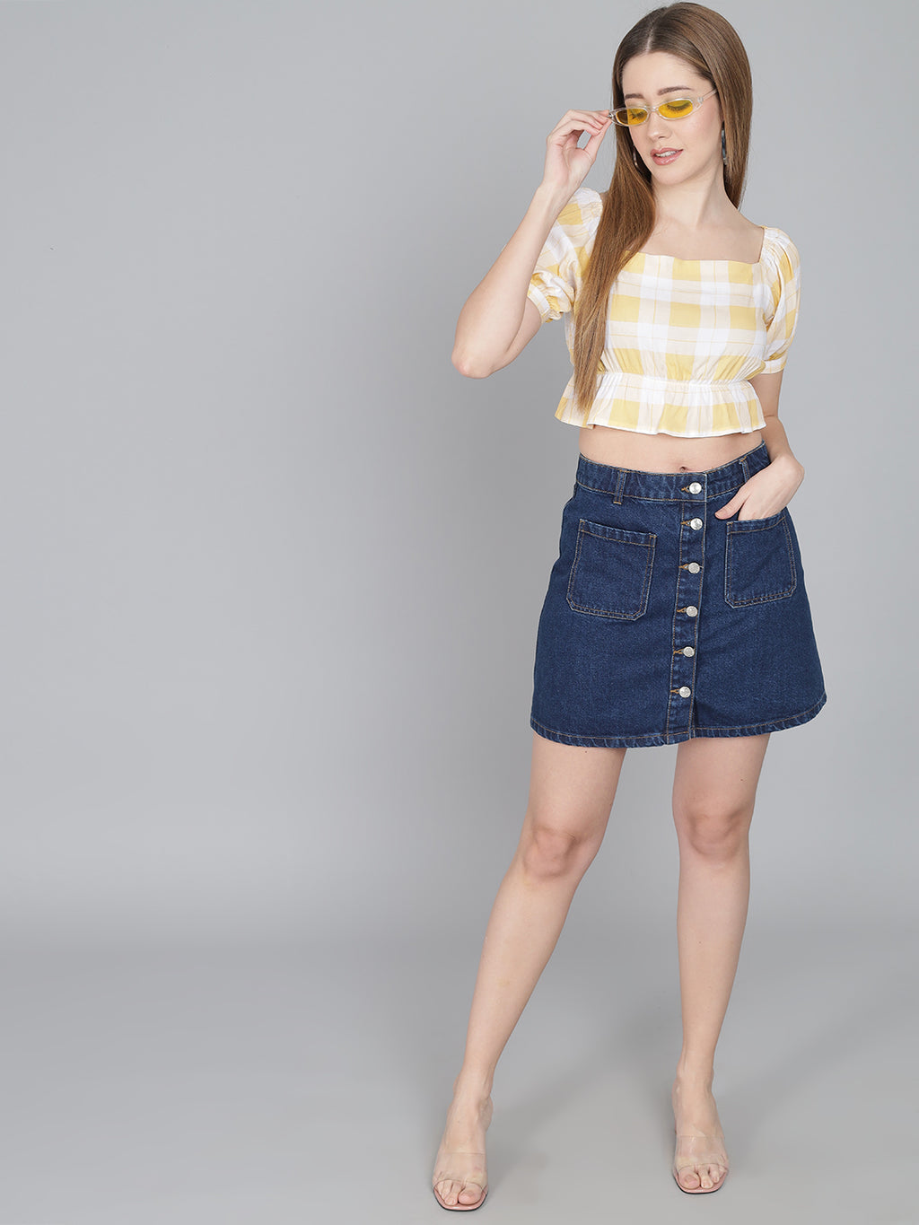 FLAMBOYANTTREND Yellow Checked Printed Top By Flamboyant Top