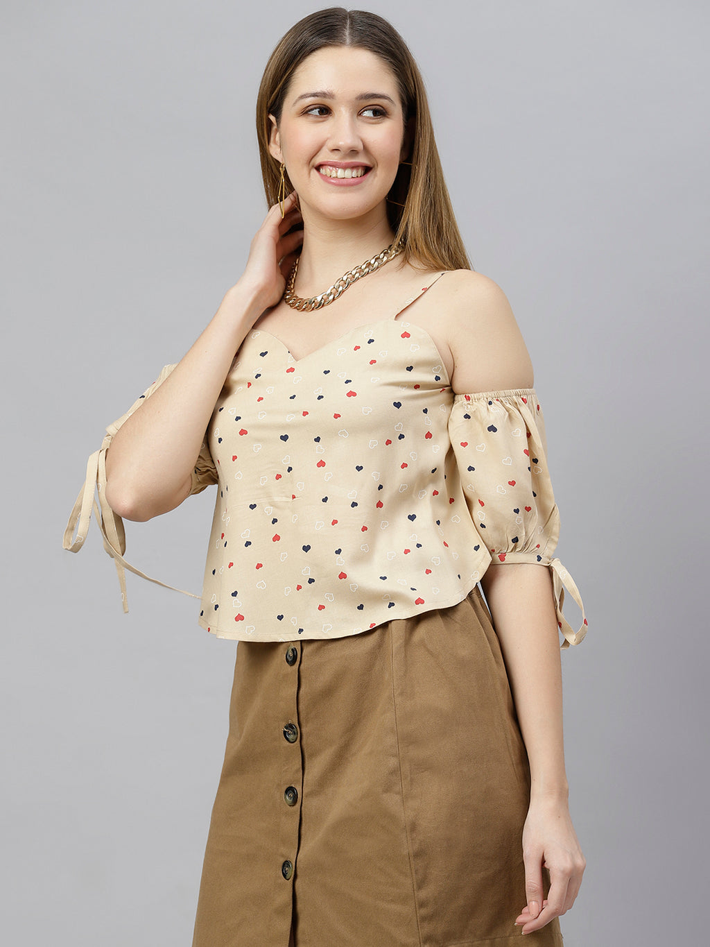 FLAMBOYANTTREND Beige Printed Cold Sleeves Top By Flamboyant Top