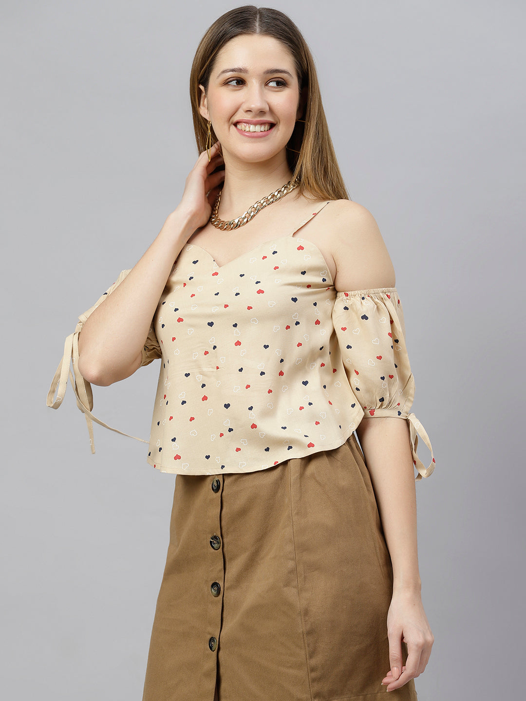 FLAMBOYANTTREND Beige Printed Cold Sleeves Top By Flamboyant Top
