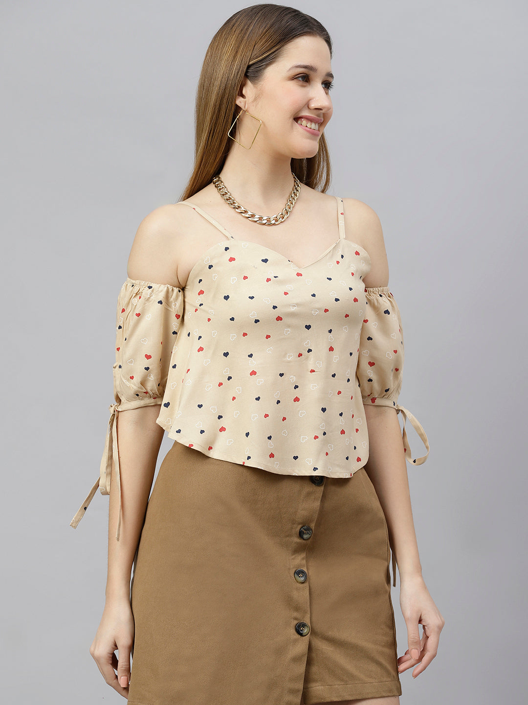 FLAMBOYANTTREND Beige Printed Cold Sleeves Top By Flamboyant Top