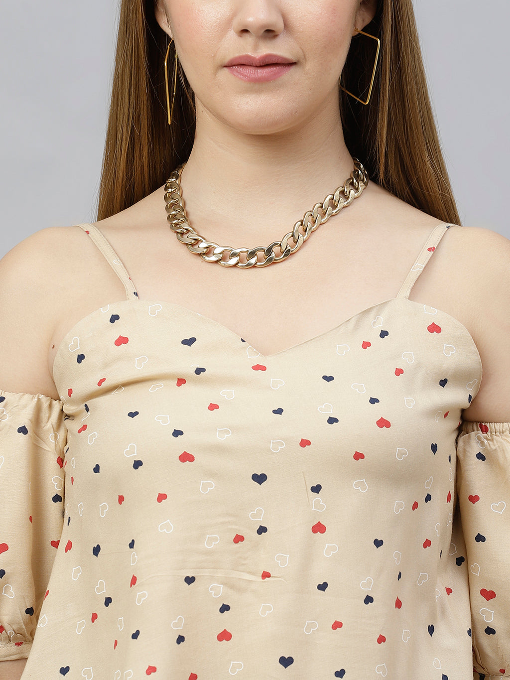 FLAMBOYANTTREND Beige Printed Cold Sleeves Top By Flamboyant Top