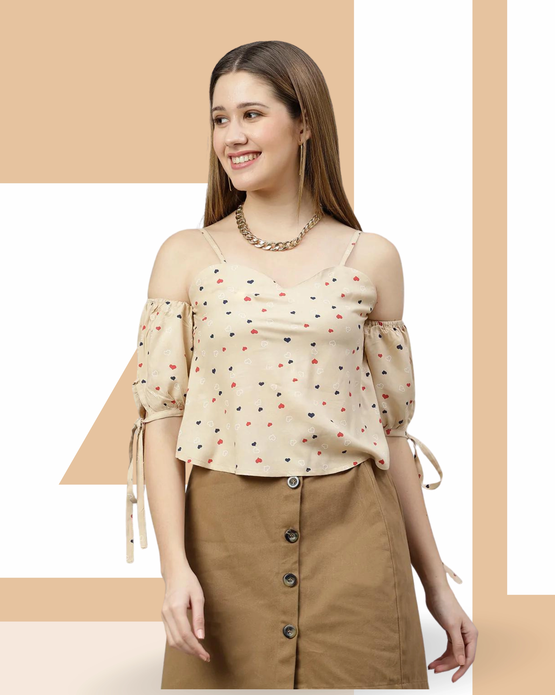 FLAMBOYANTTREND Beige Printed Cold Sleeves Top By Flamboyant Top