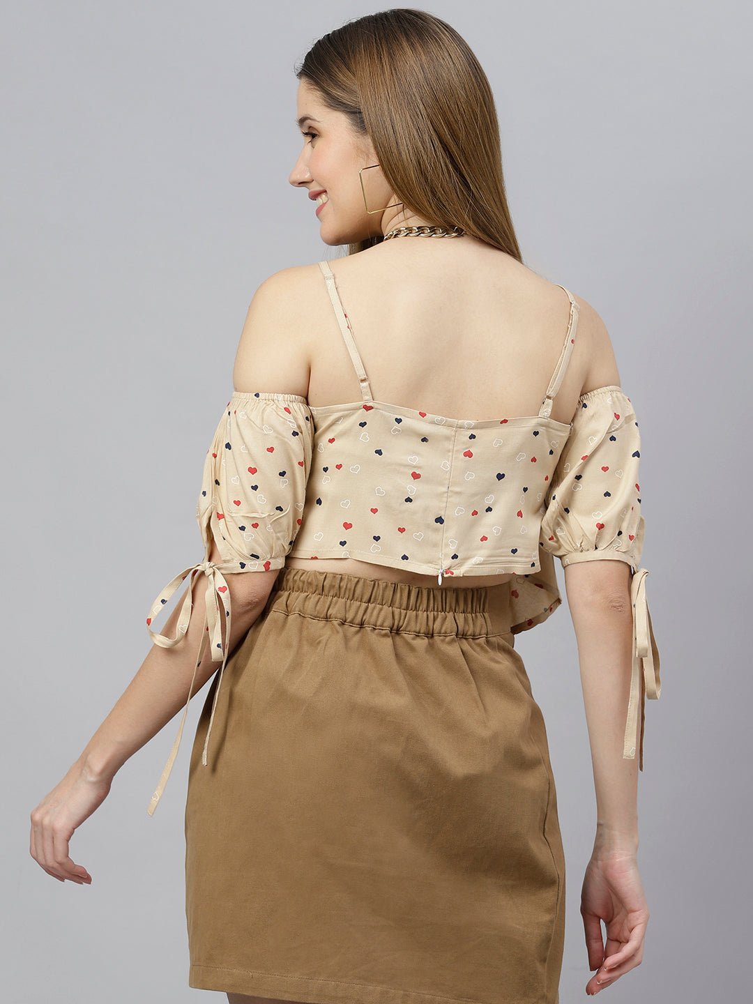 FLAMBOYANTTREND Beige Printed Cold Sleeves Top By Flamboyant Top
