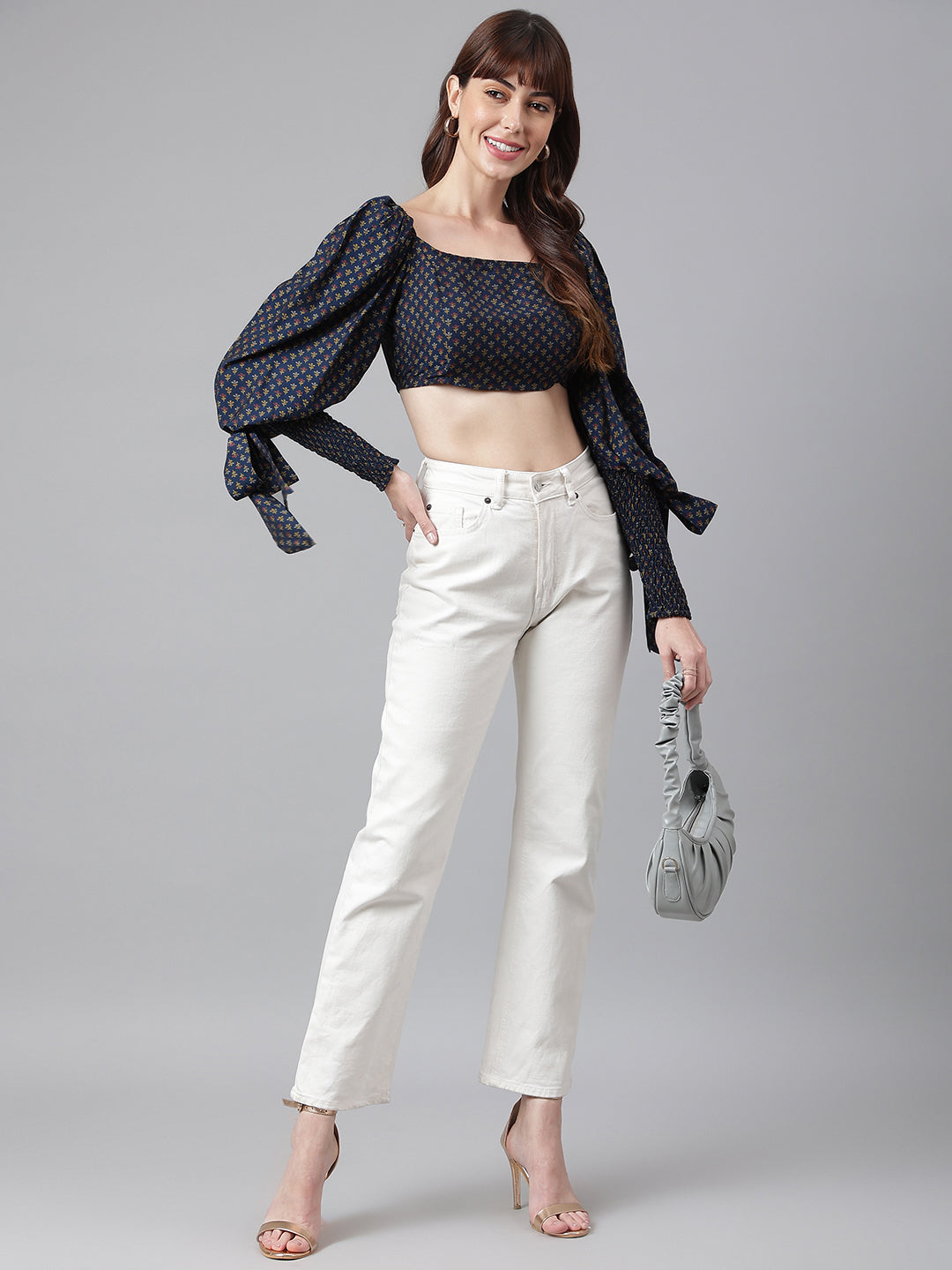 FLAMBOYANTTREND Wrist Smocking Blue Crop Top By Flamboyant Tops