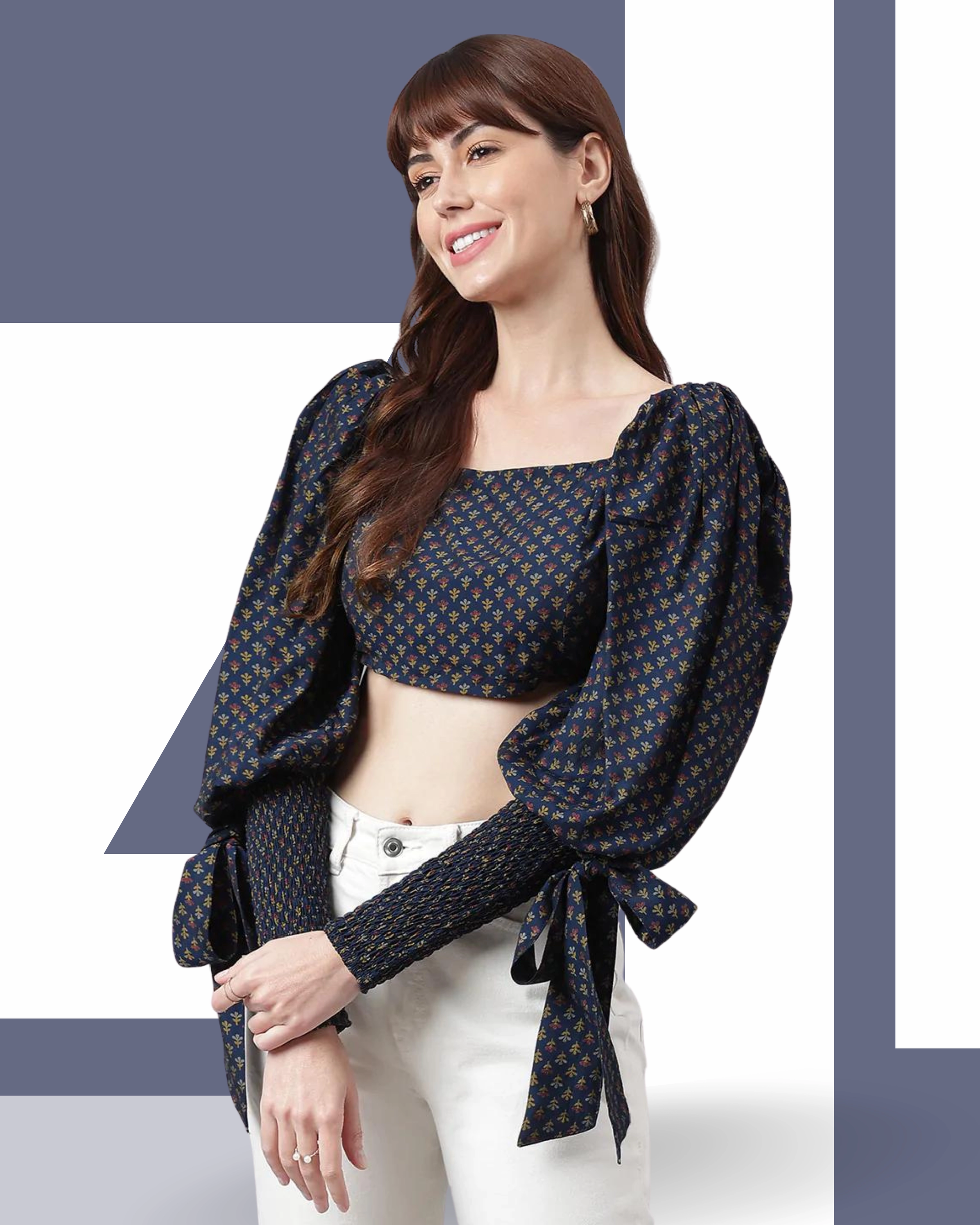 FLAMBOYANTTREND Wrist Smocking Blue Crop Top By Flamboyant Tops
