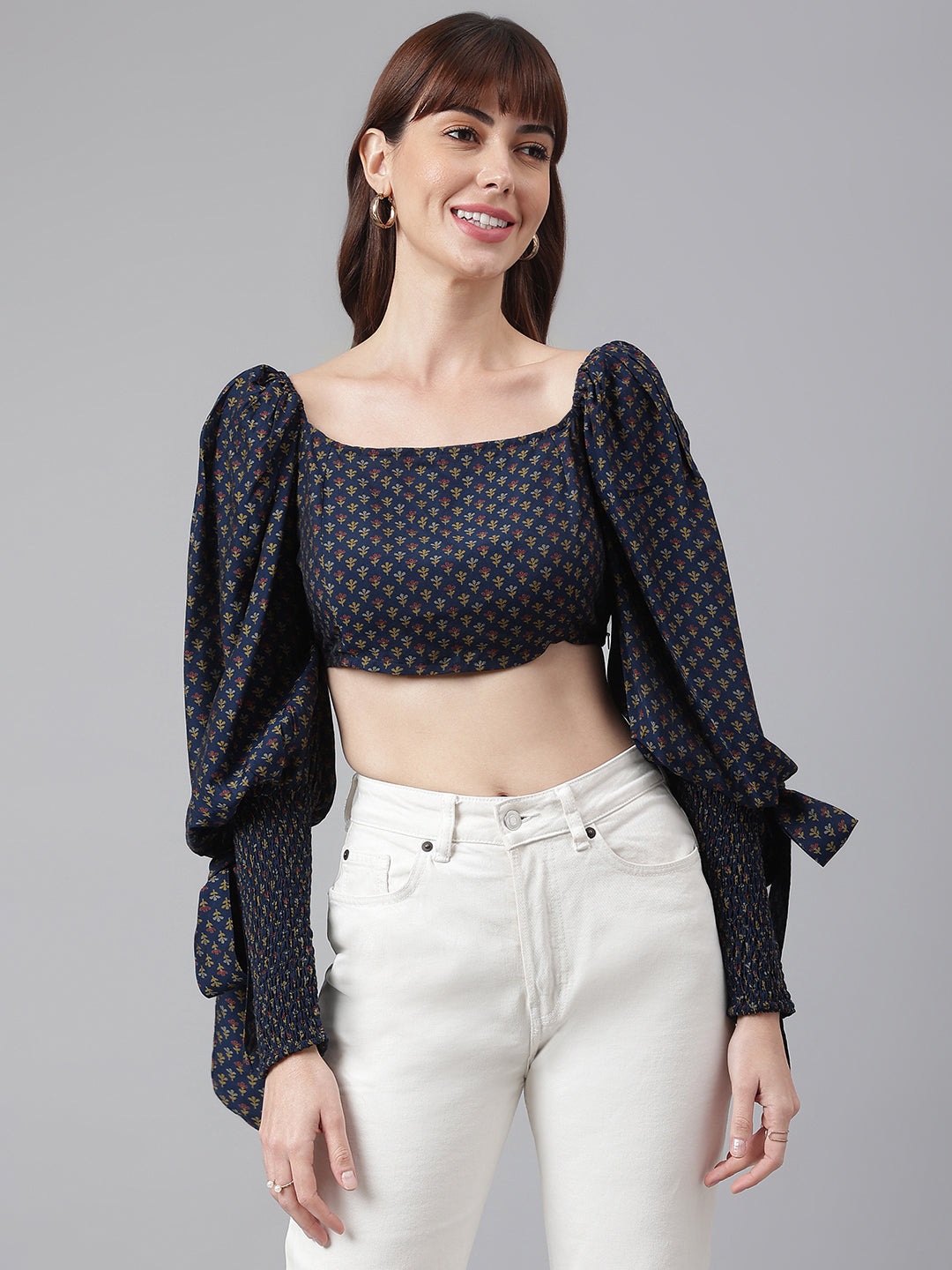 FLAMBOYANTTREND Wrist Smocking Blue Crop Top By Flamboyant Tops