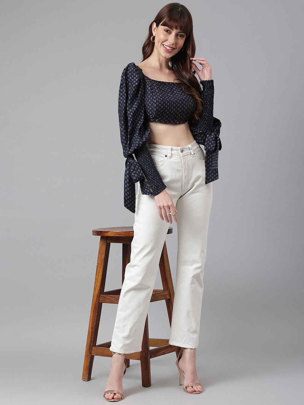 FLAMBOYANTTREND Wrist Smocking Blue Crop Top By Flamboyant Tops