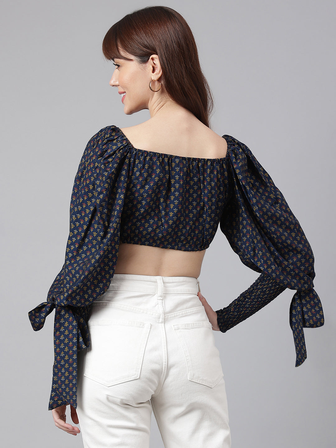FLAMBOYANTTREND Wrist Smocking Blue Crop Top By Flamboyant Tops