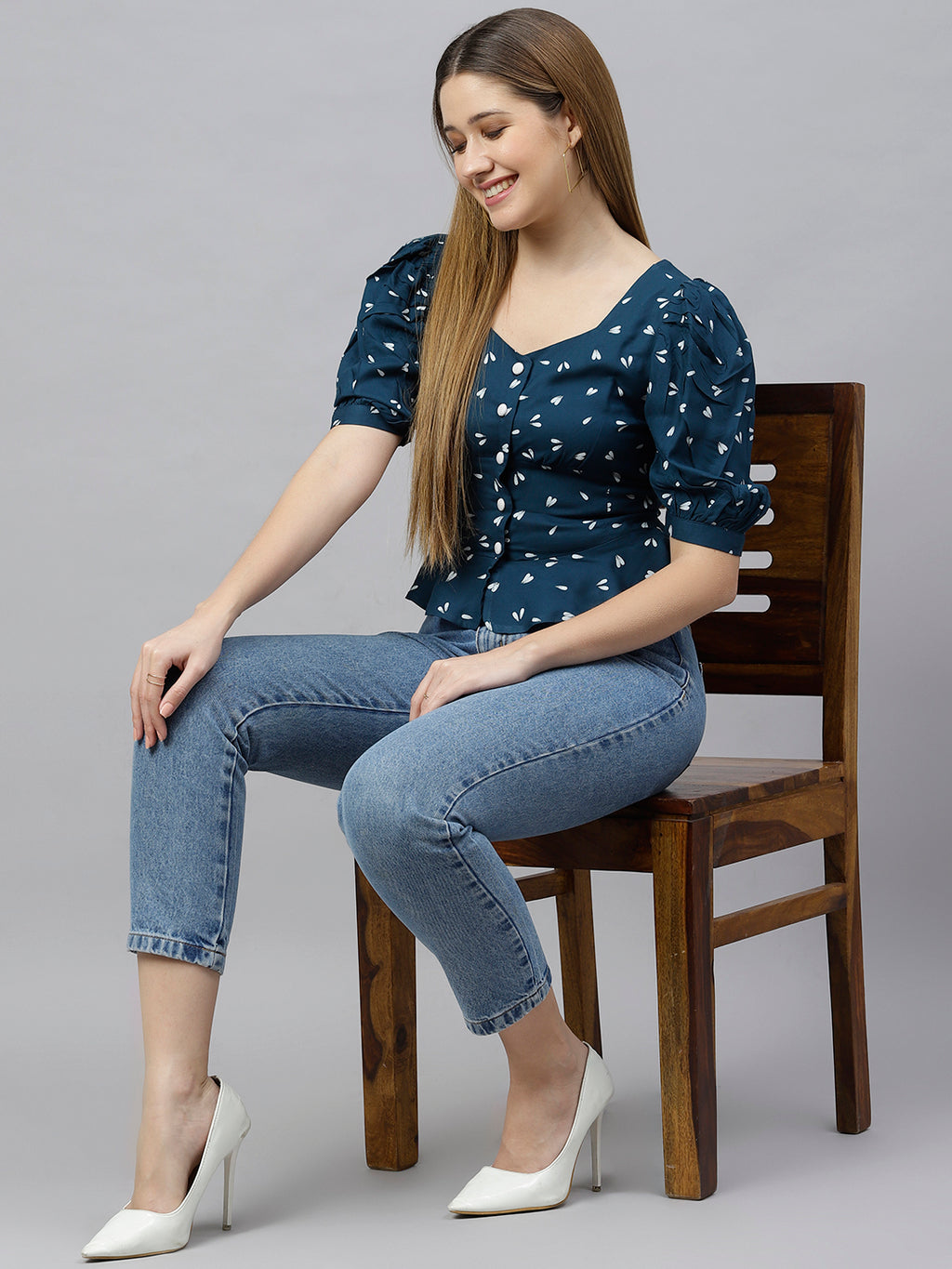 FLAMBOYANTTREND Blue Printed Fit & Flared Top By Flamboyant Top