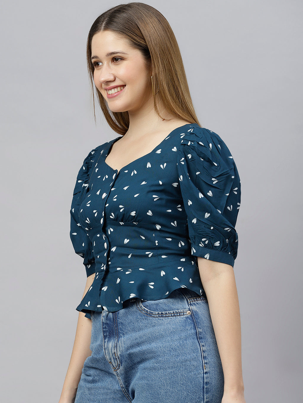 FLAMBOYANTTREND Blue Printed Fit & Flared Top By Flamboyant Top