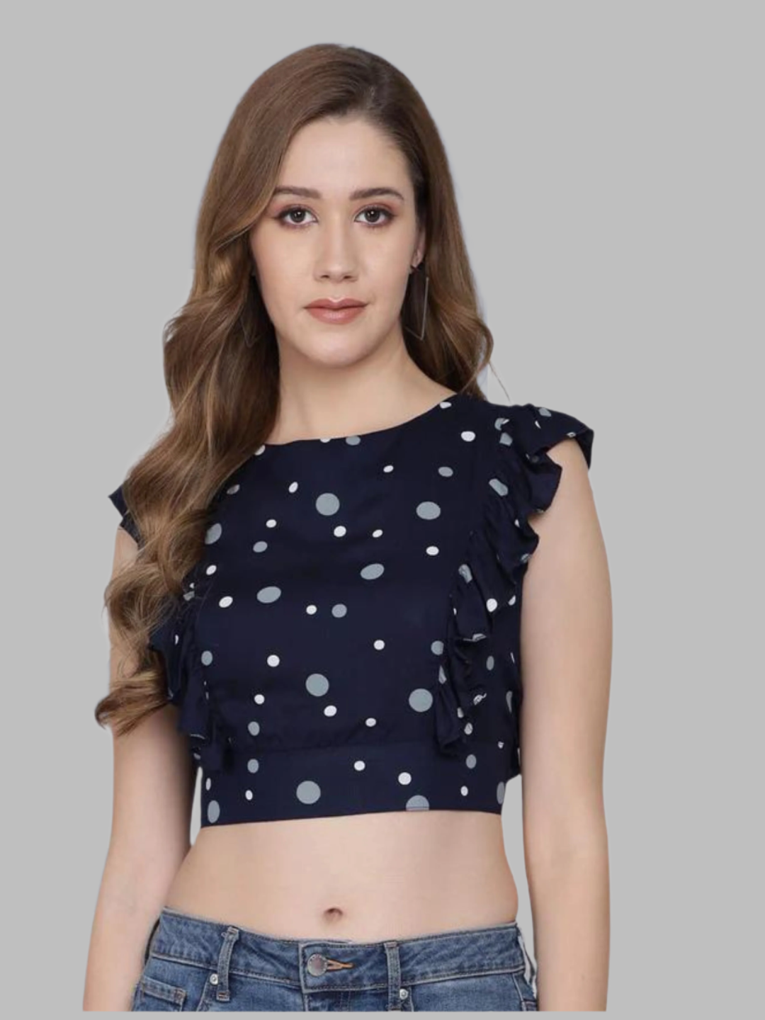 Flamboyant Dark Blue Sleeveless Polka Printed Top 1st
