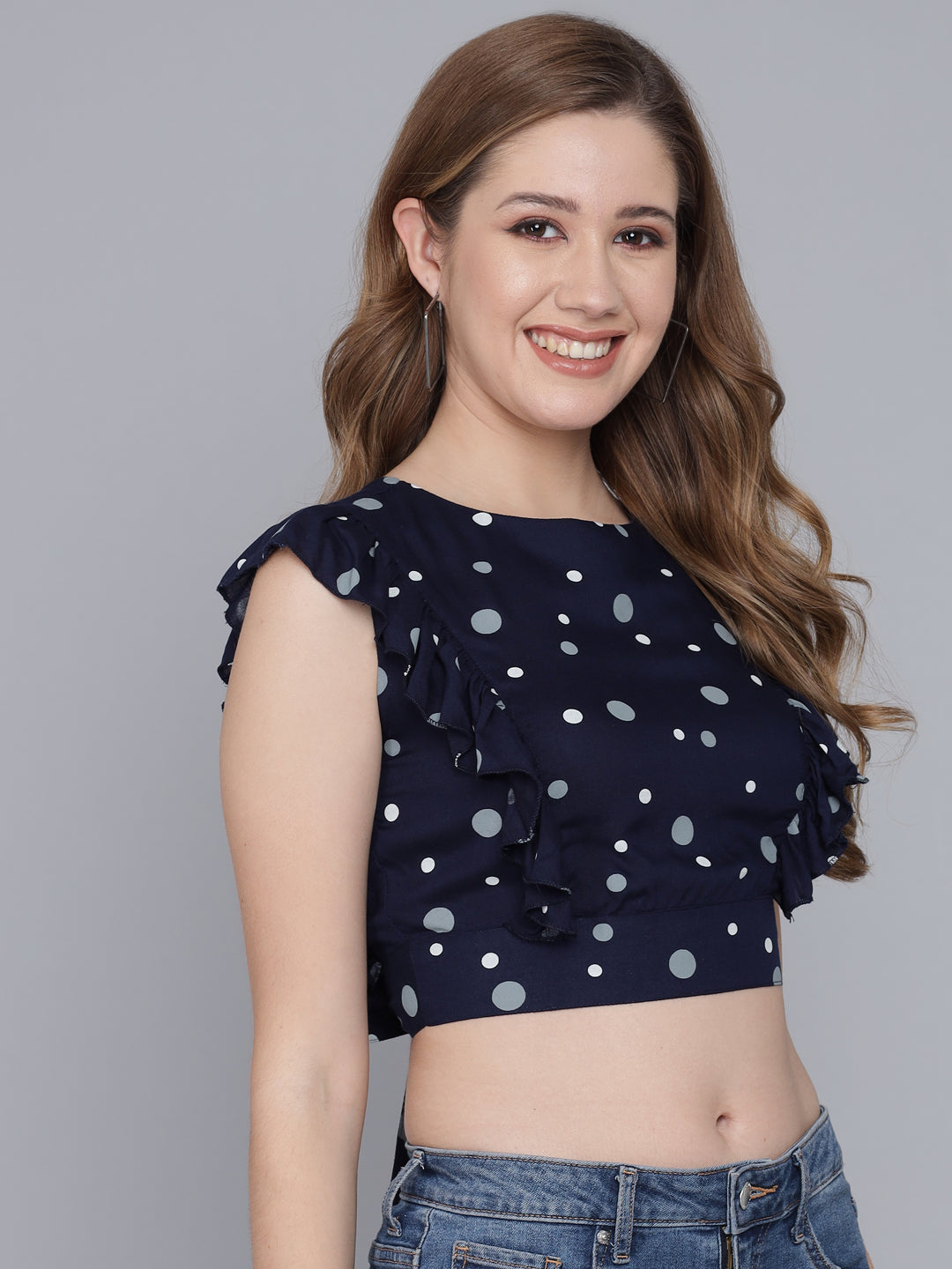 Flamboyant Dark Blue Sleeveless Polka Printed Top 4th
