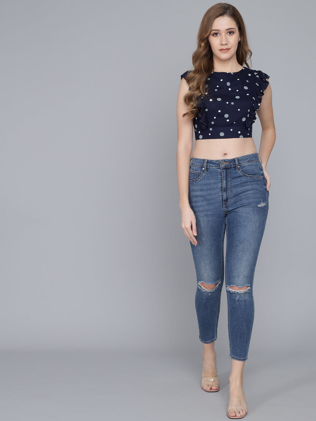 Flamboyant Dark Blue Sleeveless Polka Printed Top 6th
