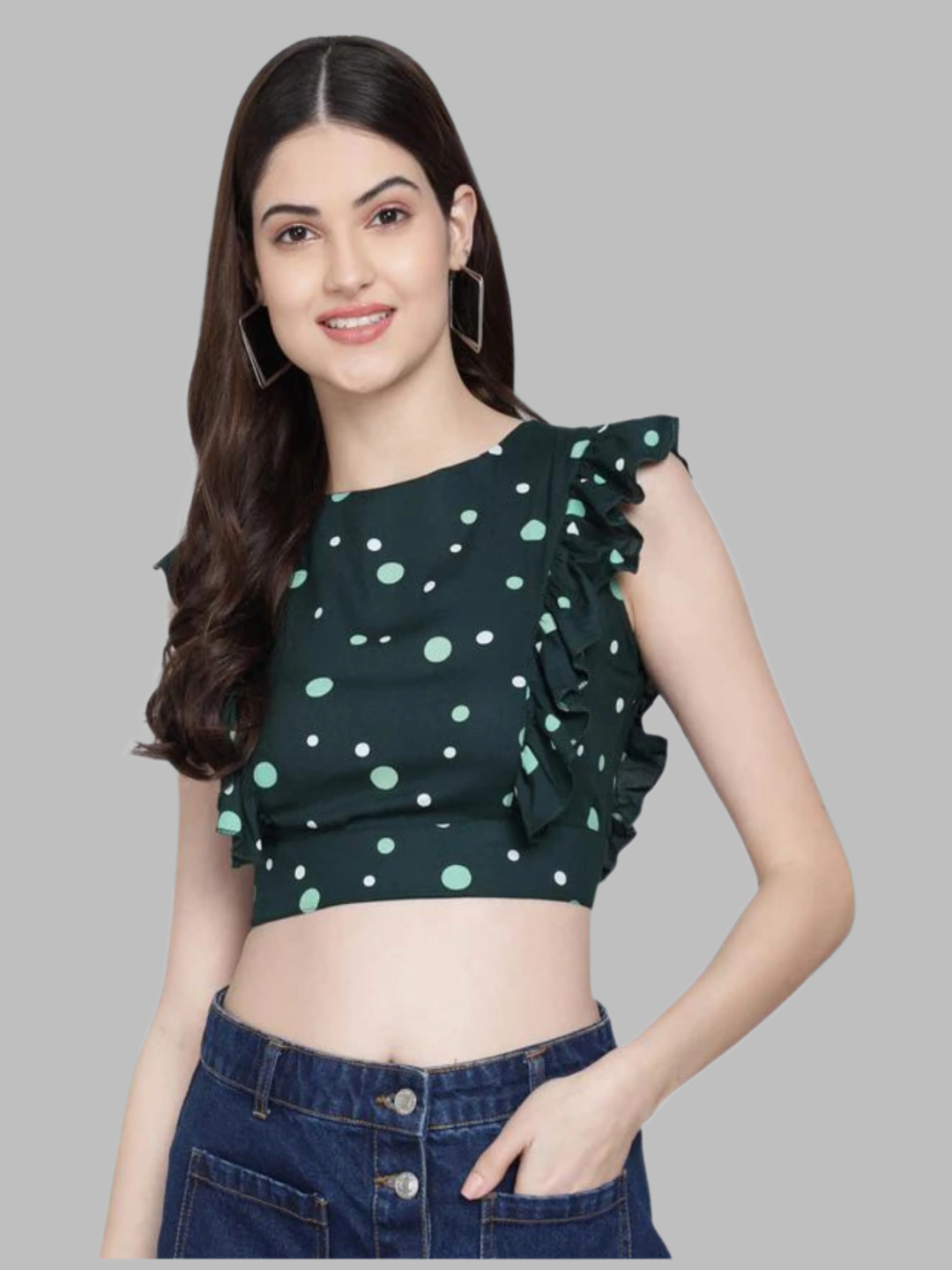 Flamboyant Green Backless Polka Dot Crop Top For Women 1st
