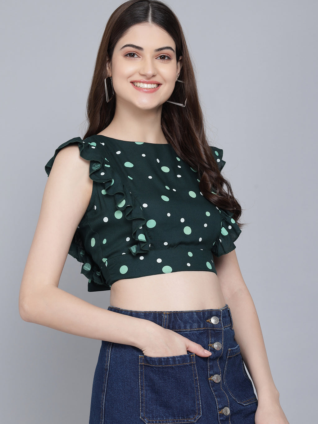 Flamboyant Green Backless Polka Dot Crop Top For Women 2nd
