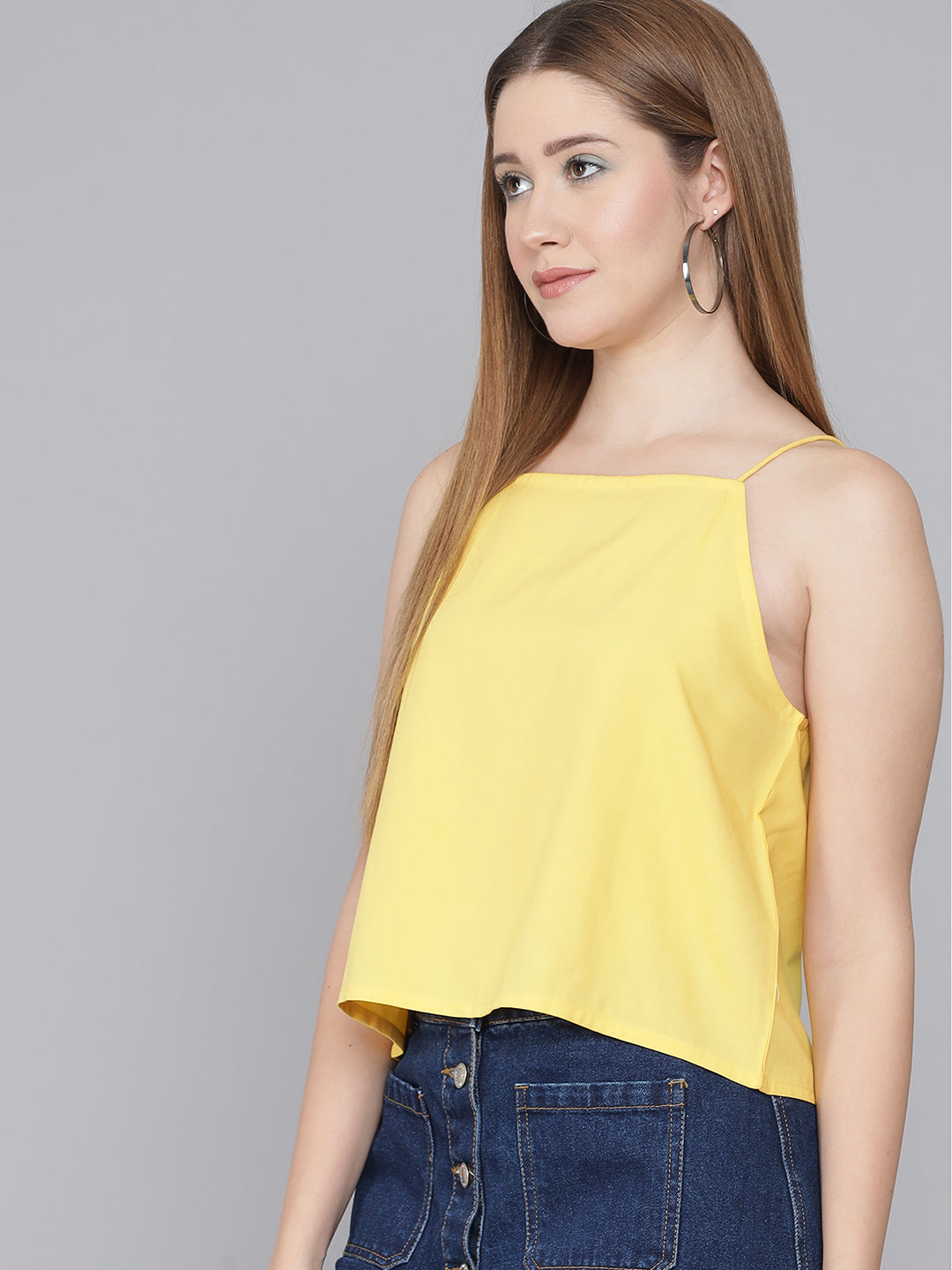 Flamboyant Striped Neck Backless Solid Yellow Crop Top 5th
