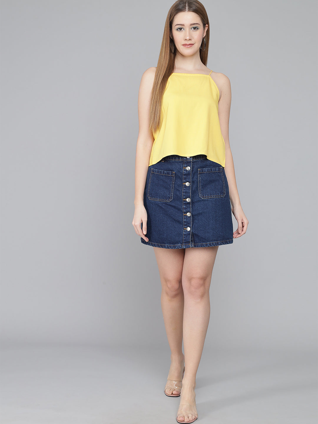 Flamboyant Striped Neck Backless Solid Yellow Crop Top 6th
