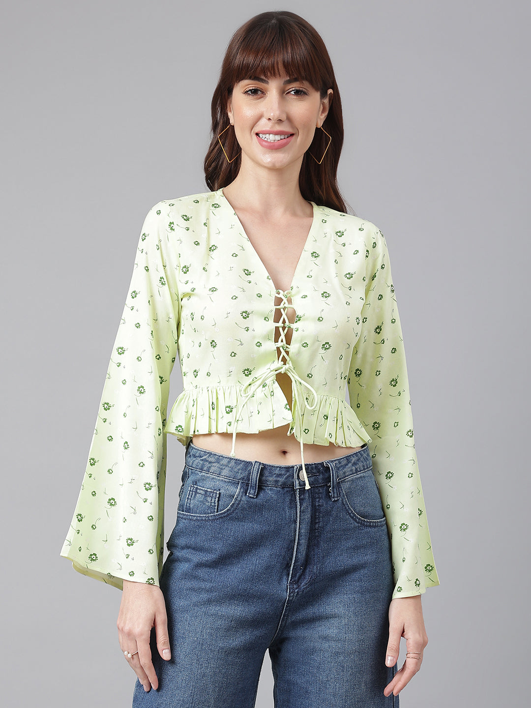 Flamboyant Trendy Floral Green Print Top For Womens 1st
