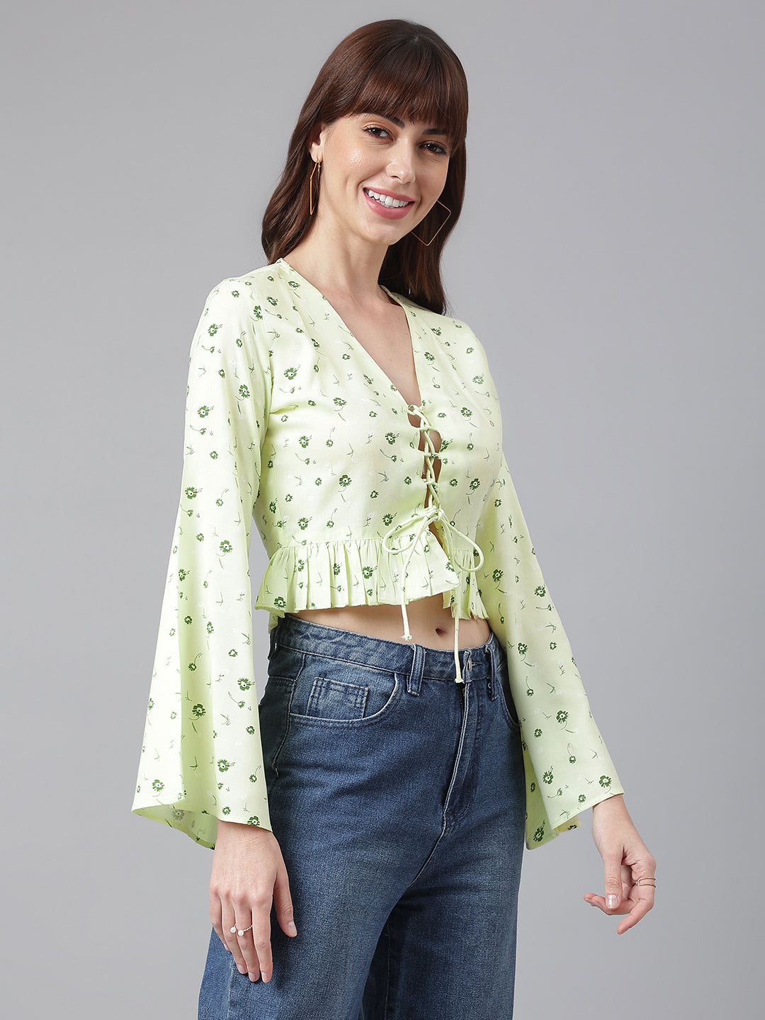 Flamboyant Trendy Floral Green Print Top For Womens 6th
