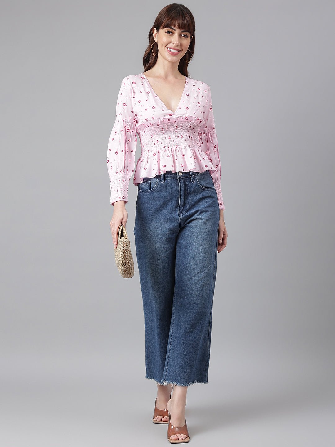 Flamboyant Waist Smocked Pink Printed Top For Women 1st
