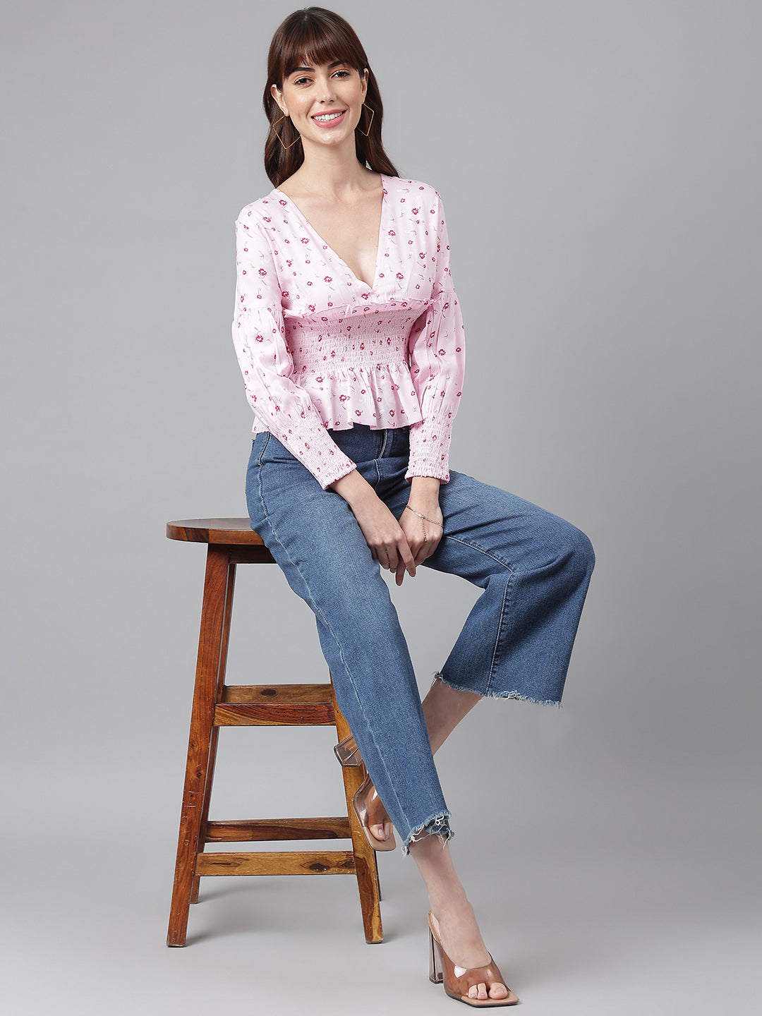 Flamboyant Waist Smocked Pink Printed Top For Women 2nd
