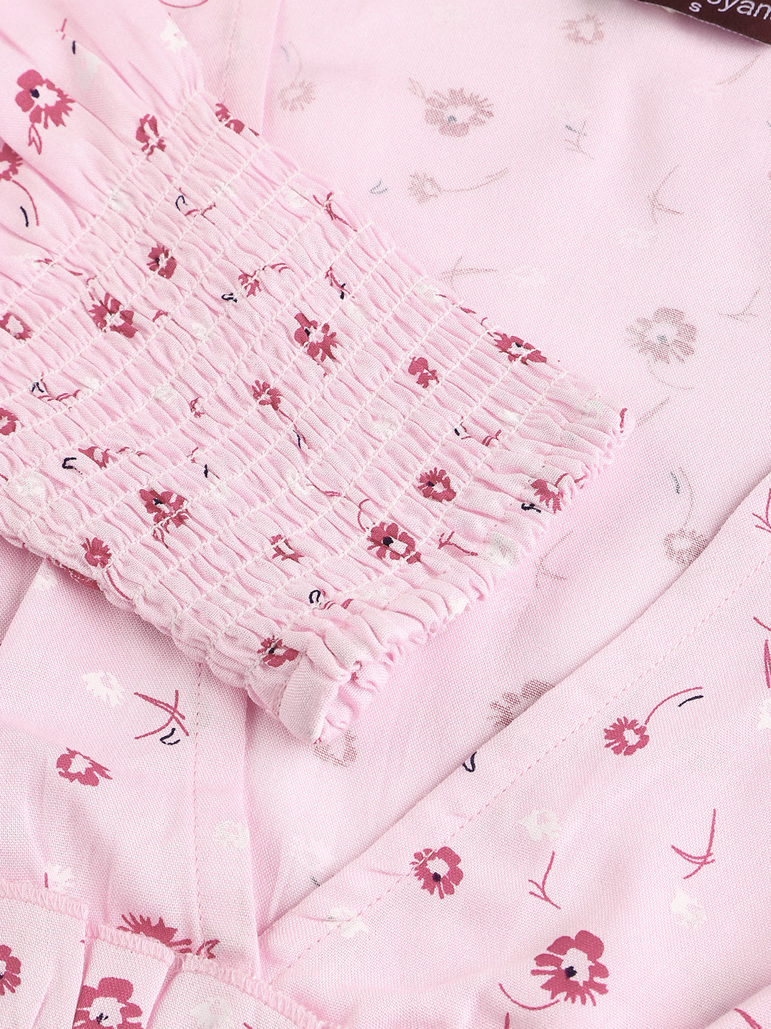 Flamboyant Waist Smocked Pink Printed Top For Women 3rd
