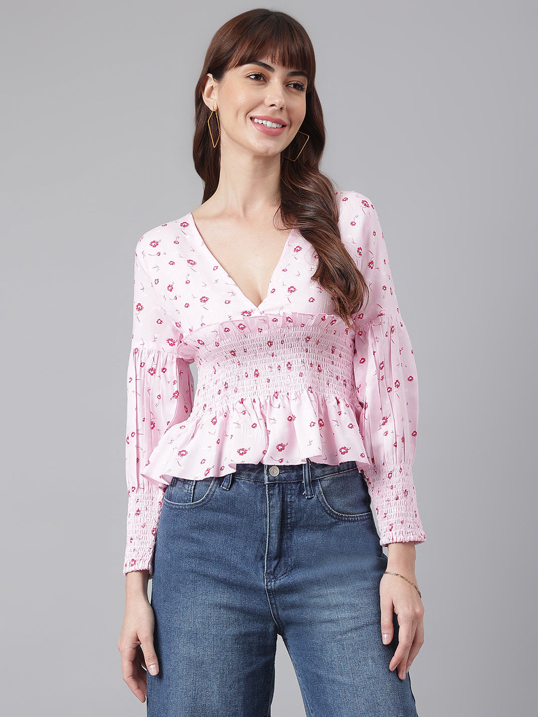 Flamboyant Waist Smocked Pink Printed Top For Women 4th
