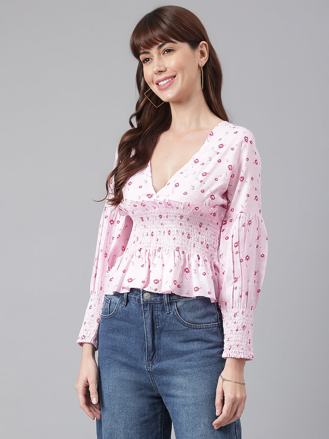 Flamboyant Waist Smocked Pink Printed Top For Women 6th
