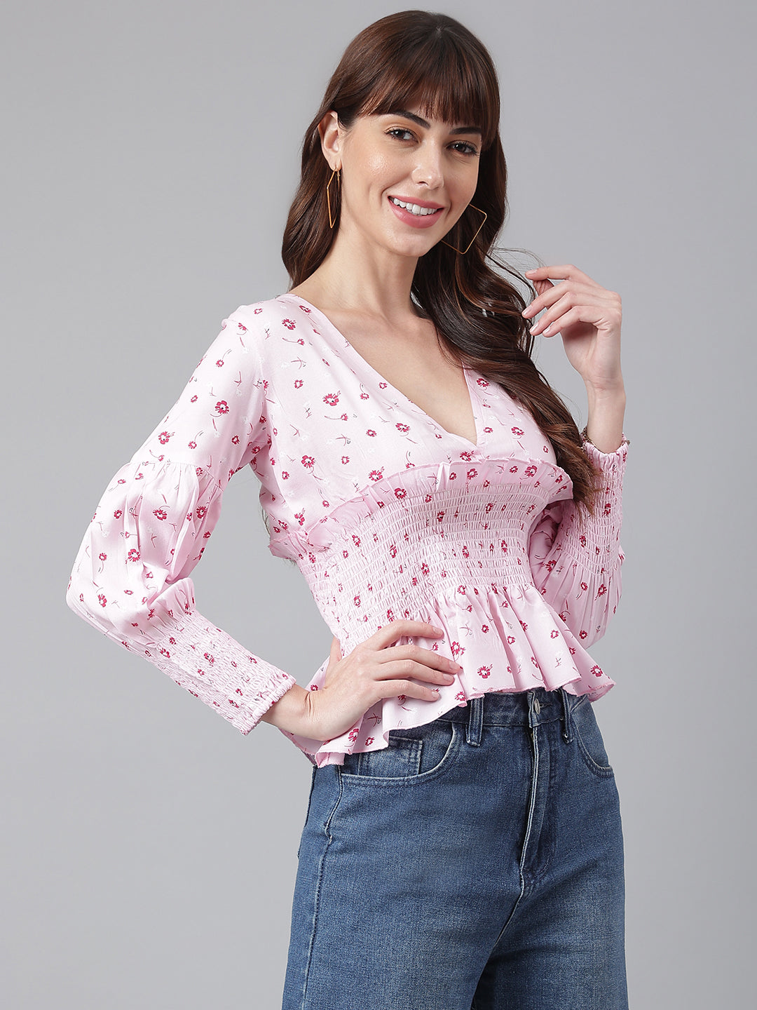 Flamboyant Waist Smocked Pink Printed Top For Women 7th
