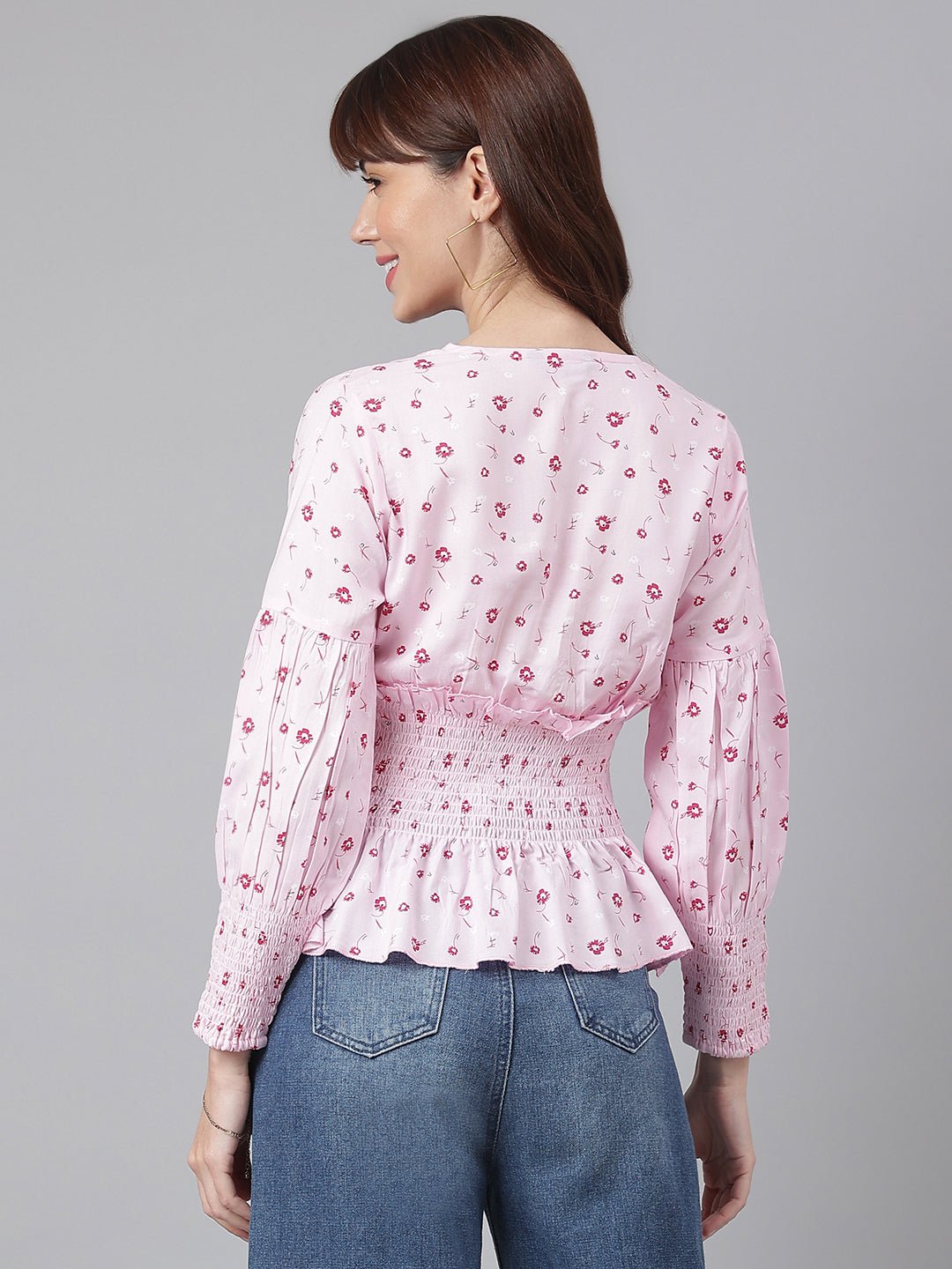 Flamboyant Waist Smocked Pink Printed Top For Women 8th
